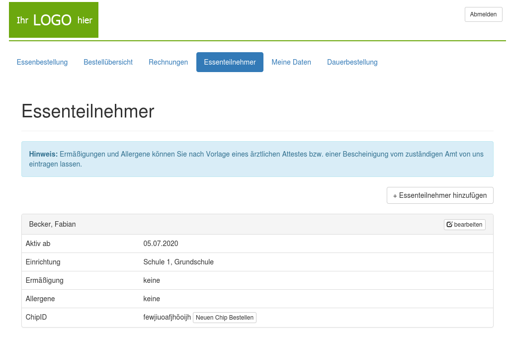 Chip bestelen im Kundenbereich bei Essenteilnehmer
