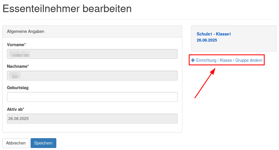 Einrichtung / Klasse / Gruppe ändern kundenbereich_essenteilnehmer_klassenwechsel